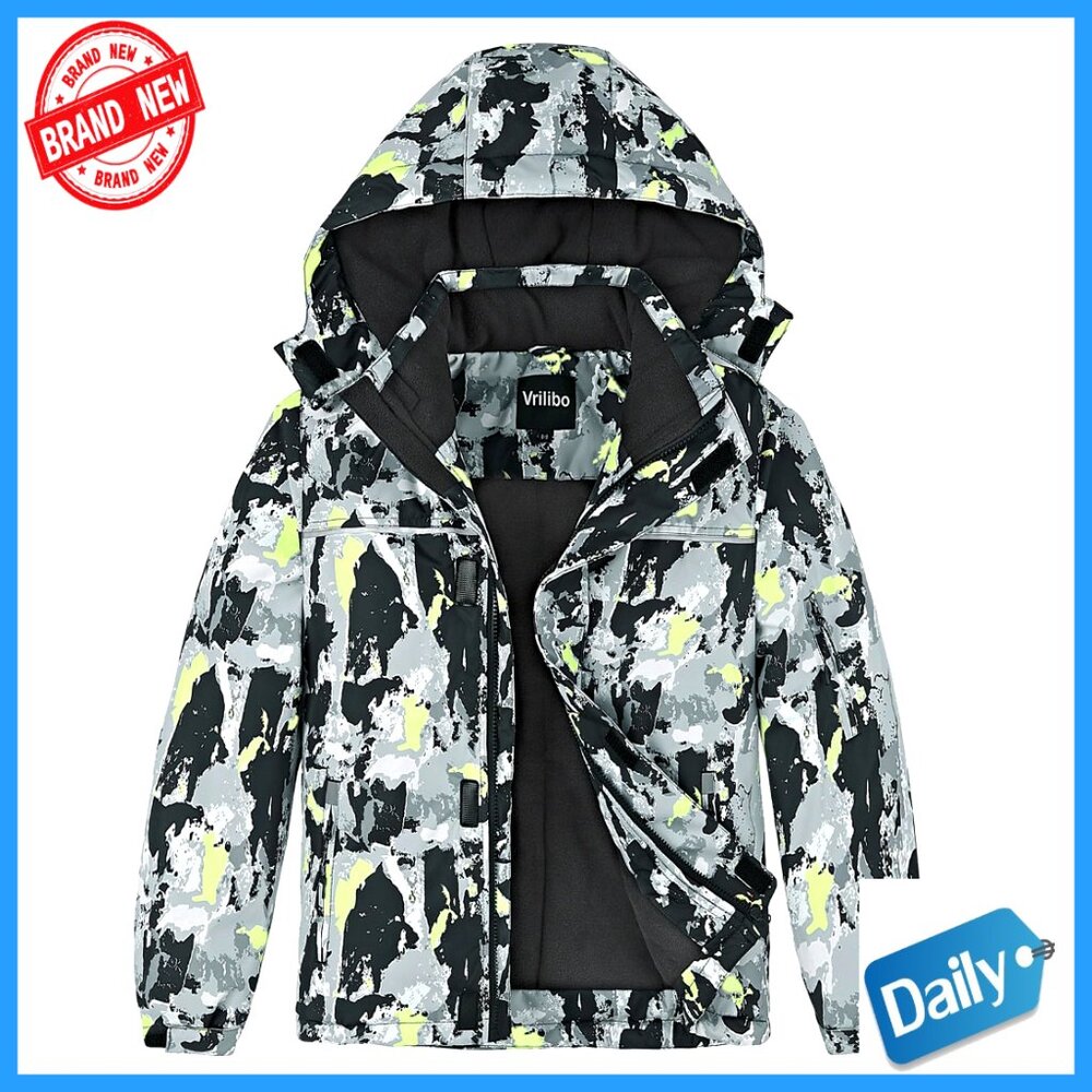 Boys Waterproof Ski Jacket Fleece Lined Winter Snow Coat Hooded Outdoor